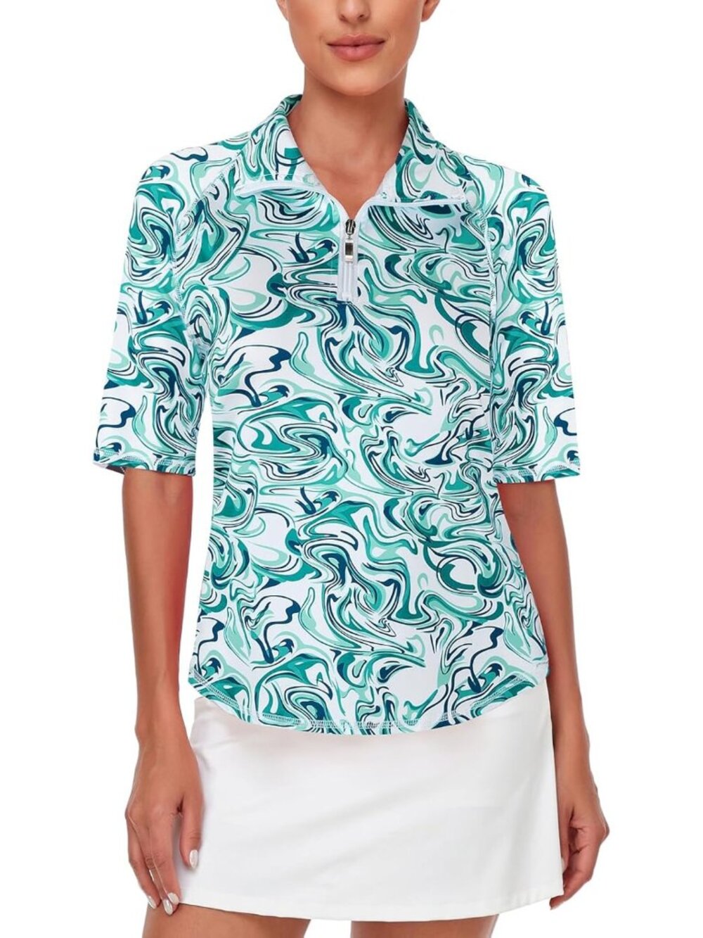 Womens Green Wave Golf Shirt Quick Dry Half Sleeve 1/4 Zip Tennis Top M-3XL